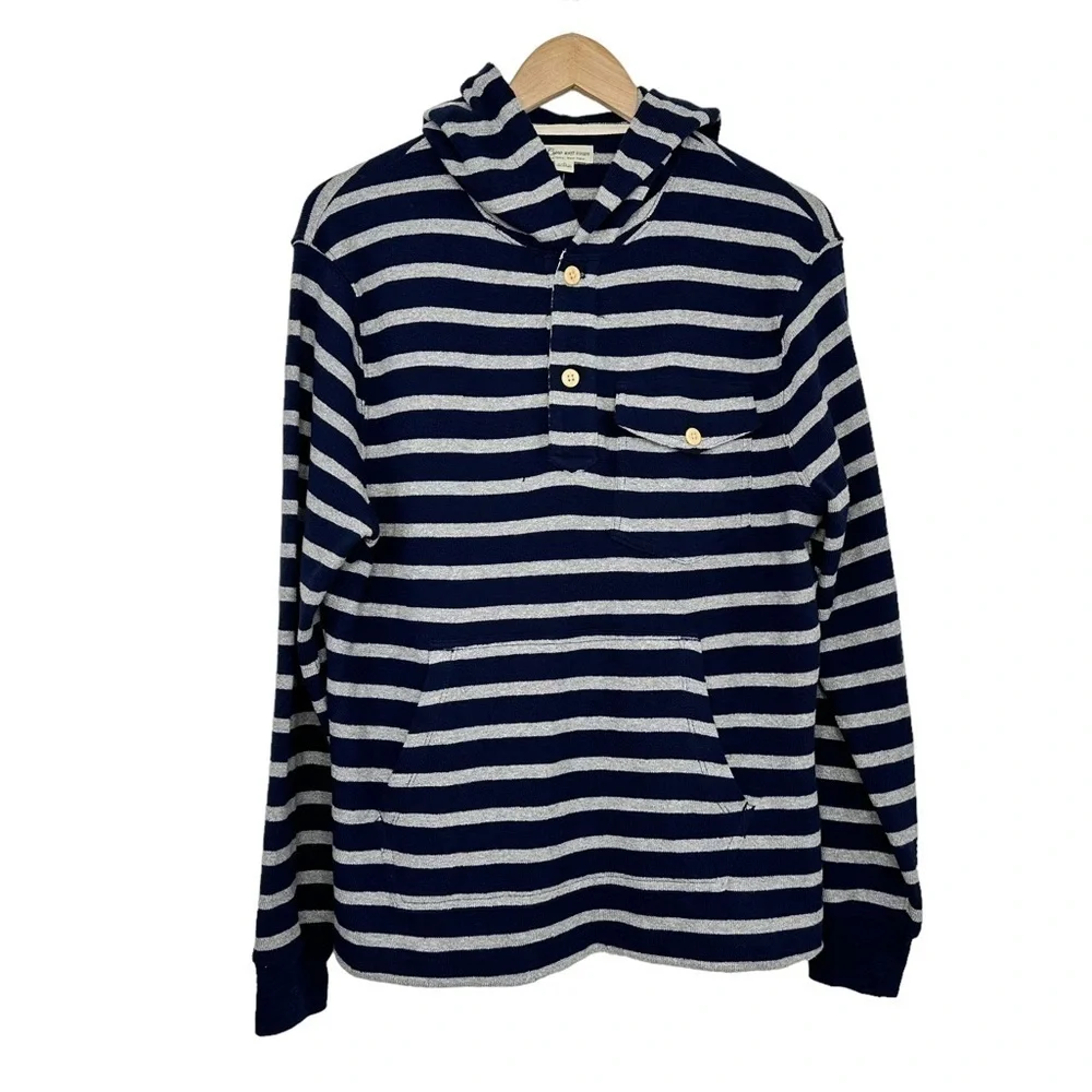 J. Crew Mens Stripe Pullover Henley Hoodie Sweater Small Blue Gray Lightweight
